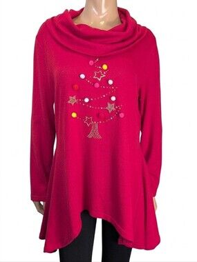 Anna Bella Red Christmas Tree Tunic Sweater Womens Size Large Cowl Neck Pom Pom